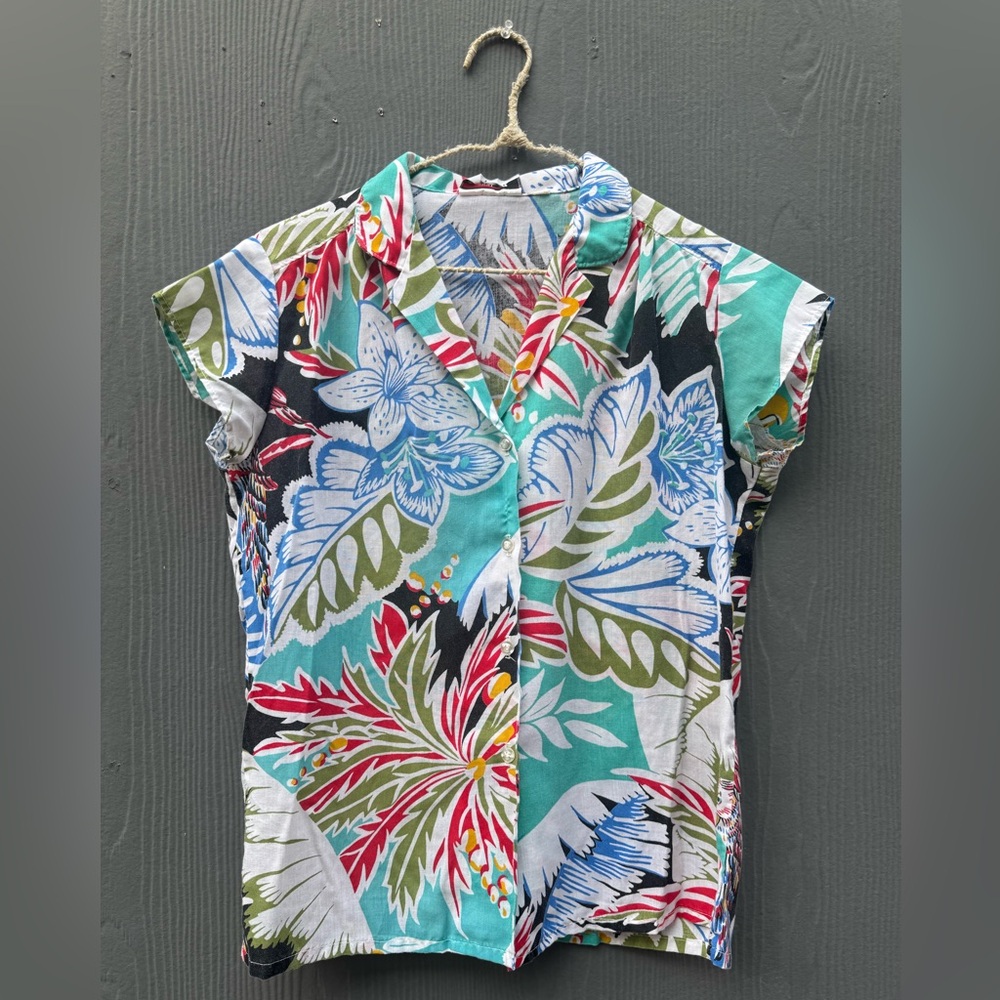 Vintage Stuffed Shirt Brand Tropical Colorful Womens Button Up Blouse Size SM
